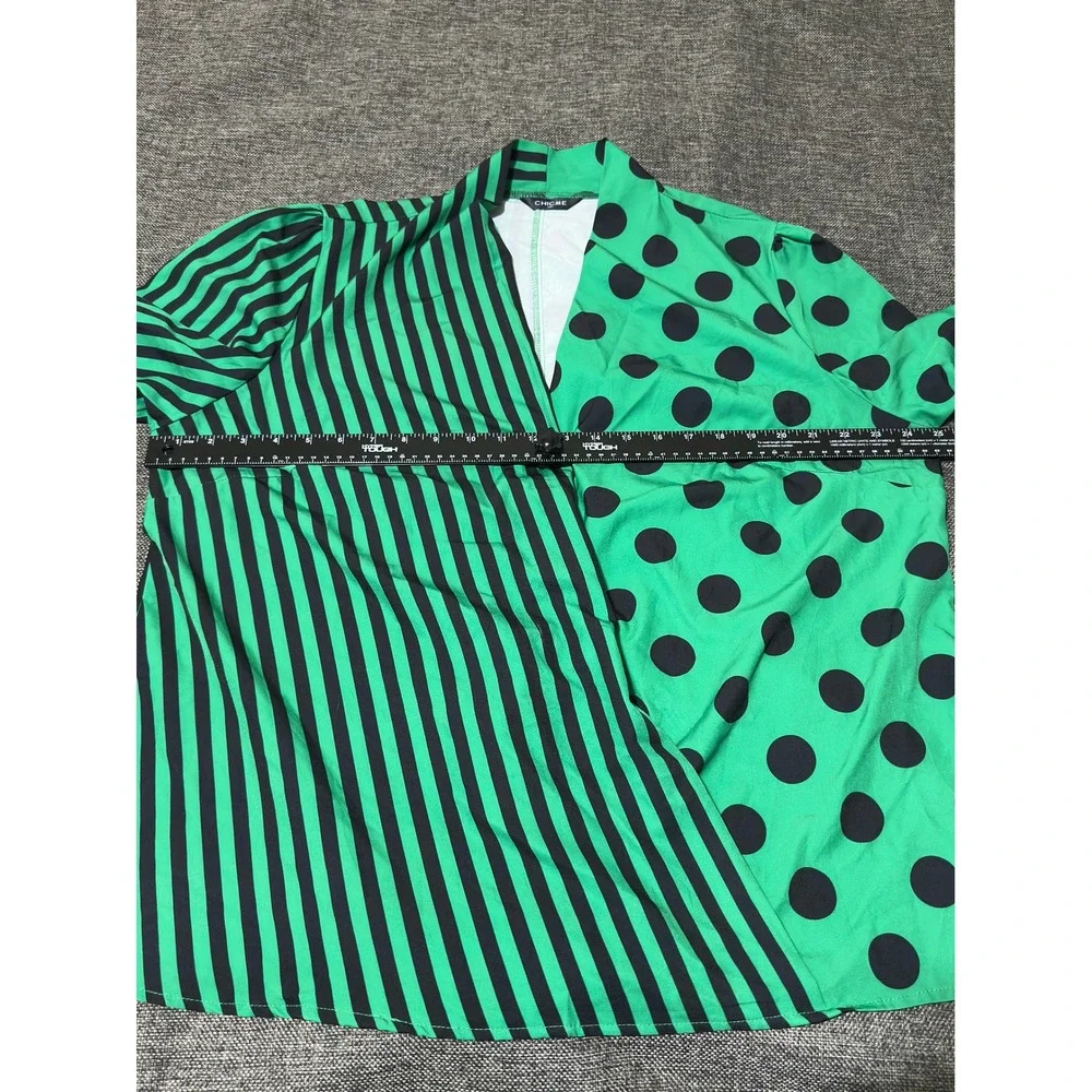 ChicMe Women's 2XL Blouse‎ Green Black Polka Dot Striped Long Sleeve V-Neck